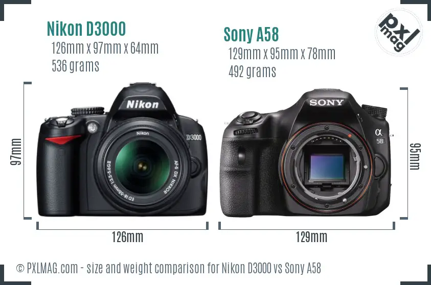 Nikon D3000 vs Sony A58 size comparison