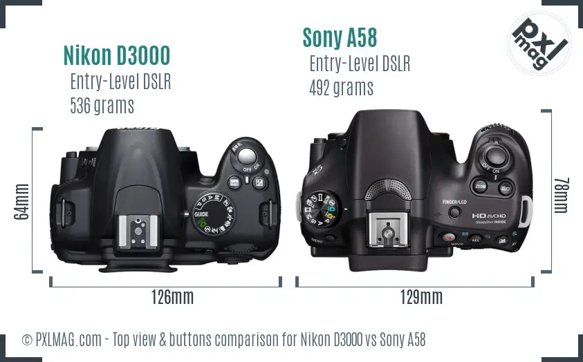 Nikon D3000 vs Sony A58 top view buttons comparison
