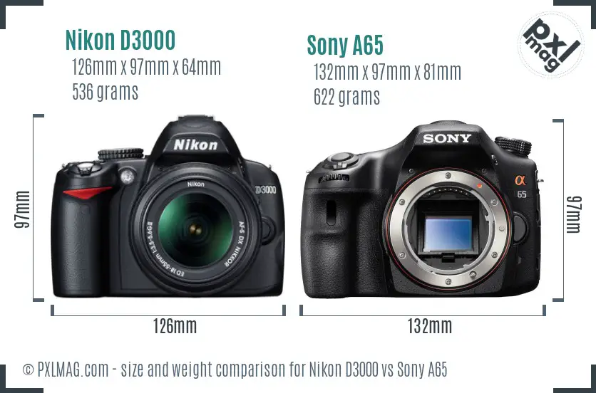 Nikon D3000 vs Sony A65 size comparison