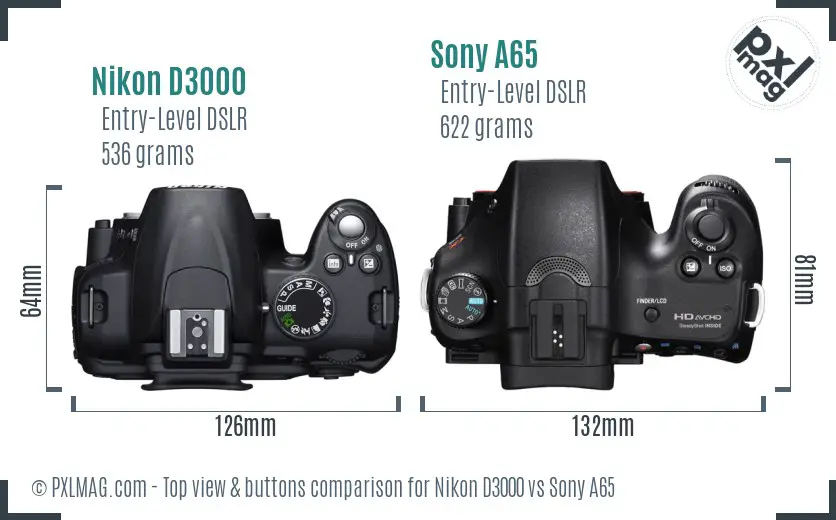 Nikon D3000 vs Sony A65 top view buttons comparison