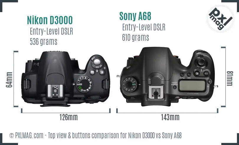 Nikon D3000 vs Sony A68 top view buttons comparison