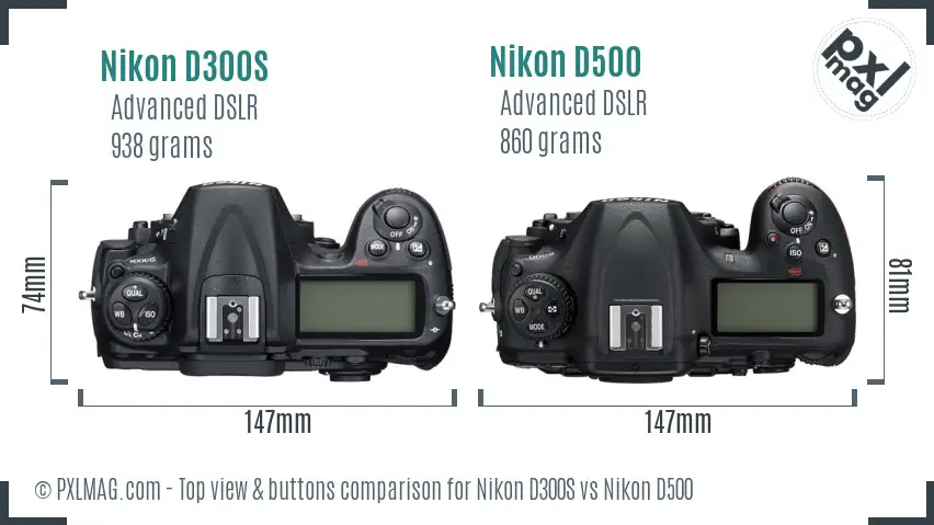 Nikon D300S vs Nikon D500 top view buttons comparison