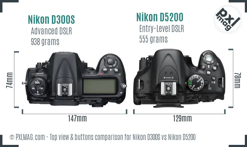 Nikon D300S vs Nikon D5200 top view buttons comparison Nikon D300S vs Nikon D5200 top view buttons comparison
