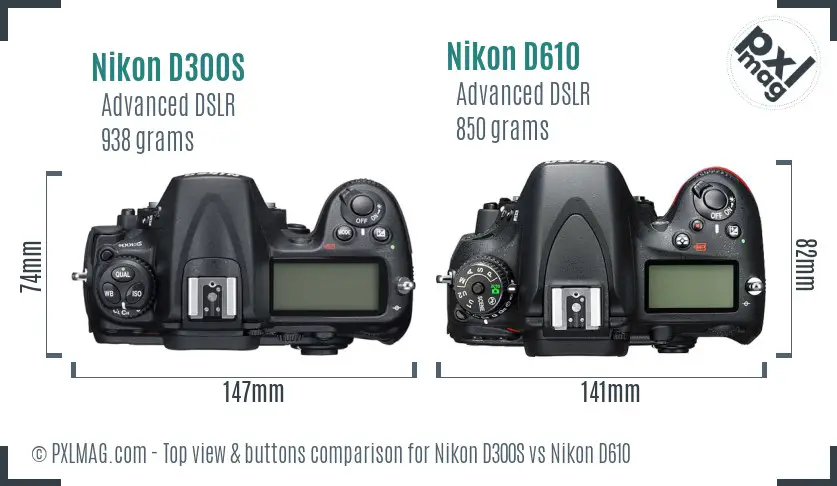 Nikon D300S vs Nikon D610 top view buttons comparison