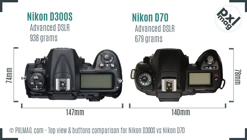 Nikon D300S vs Nikon D70 top view buttons comparison