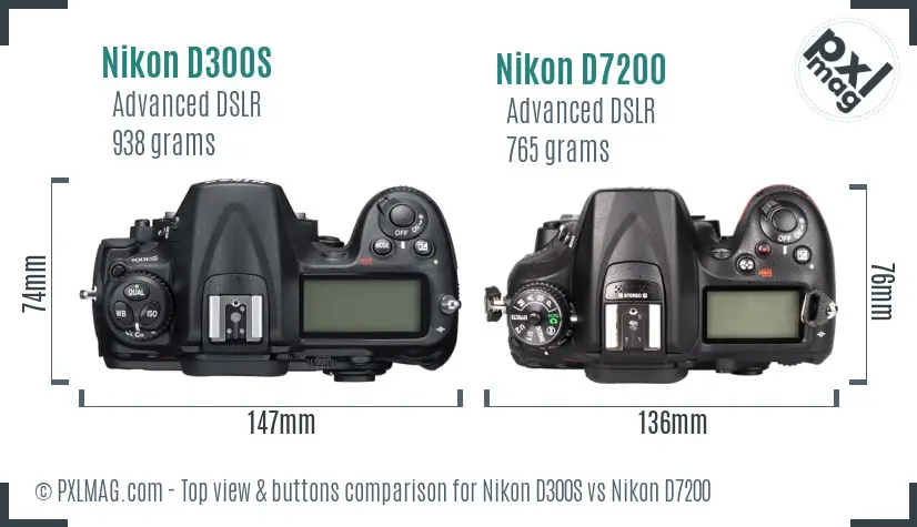 Nikon D300S vs Nikon D7200 top view buttons comparison