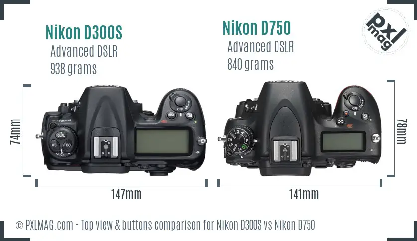 Nikon D300S vs Nikon D750 top view buttons comparison