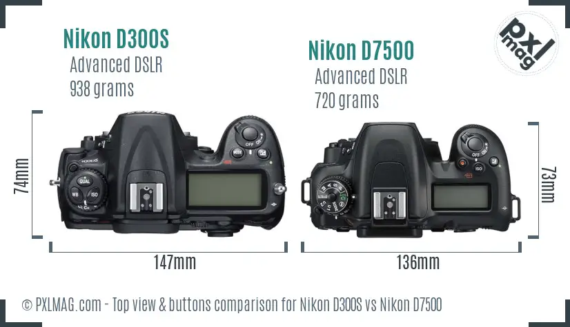 Nikon D300S vs Nikon D7500 top view buttons comparison