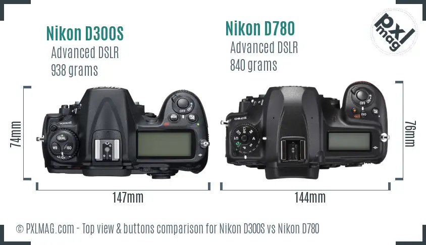 Nikon D300S vs Nikon D780 top view buttons comparison