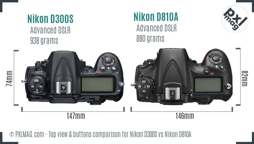 Nikon D300S vs Nikon D810A top view buttons comparison