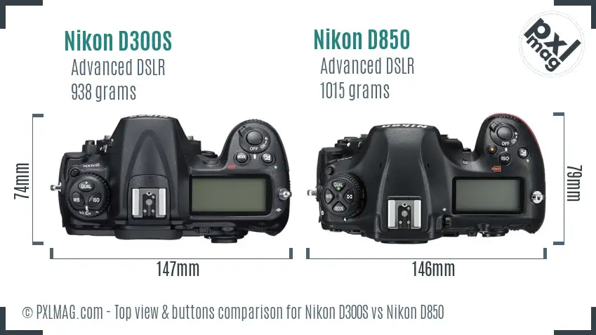 Nikon D300S vs Nikon D850 top view buttons comparison
