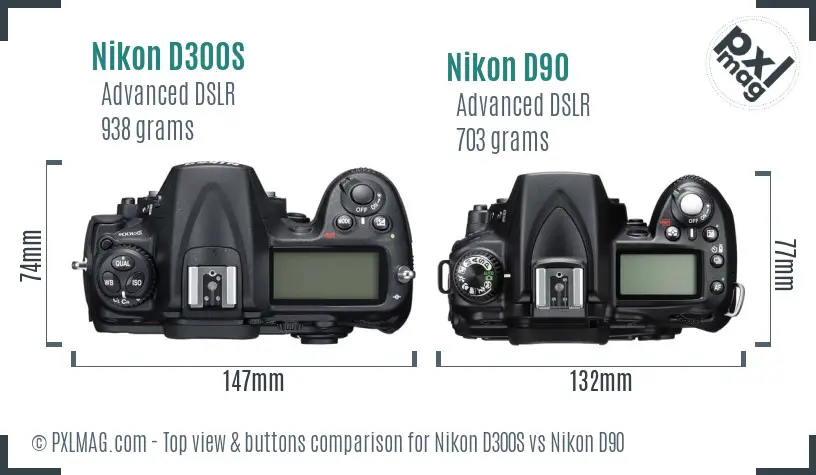 Nikon D300S vs Nikon D90 top view buttons comparison