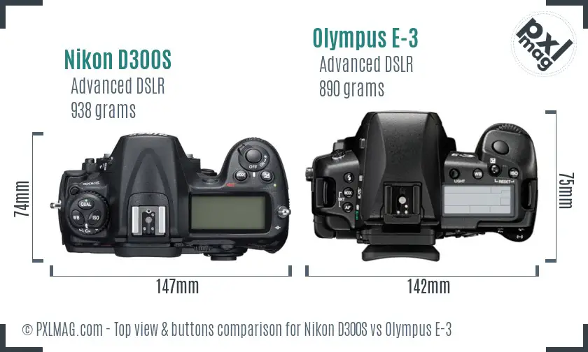 Nikon D300S vs Olympus E-3 top view buttons comparison
