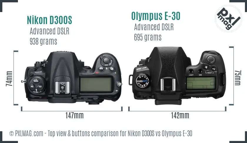 Nikon D300S vs Olympus E-30 top view buttons comparison