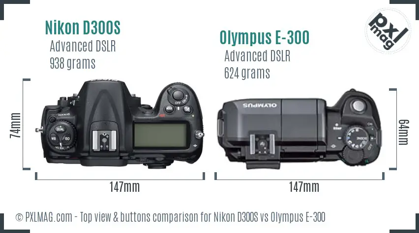 Nikon D300S vs Olympus E-300 top view buttons comparison