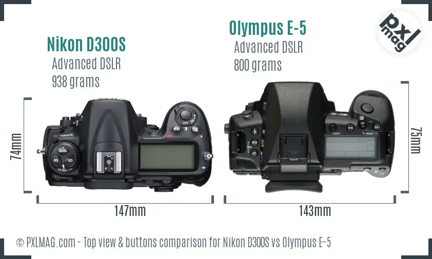 Nikon D300S vs Olympus E-5 top view buttons comparison