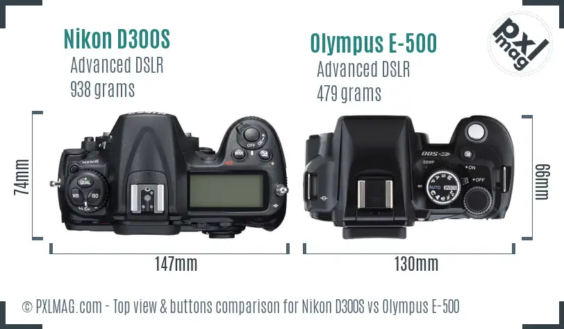 Nikon D300S vs Olympus E-500 top view buttons comparison