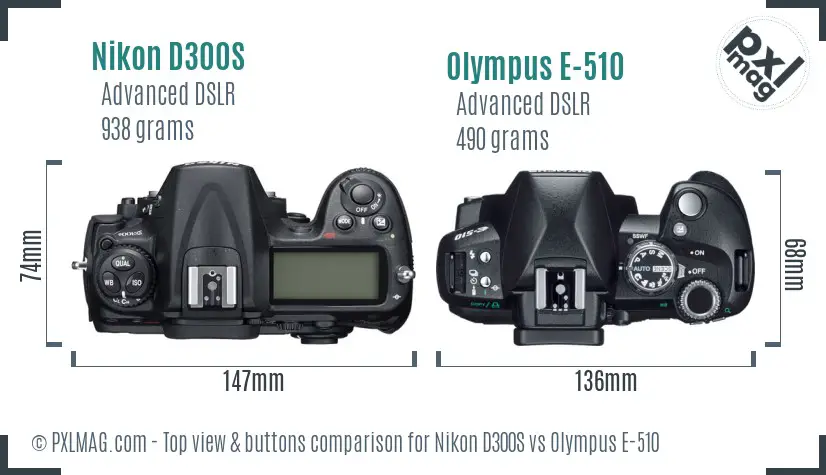Nikon D300S vs Olympus E-510 top view buttons comparison