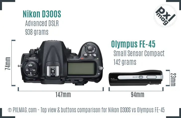 Nikon D300S vs Olympus FE-45 top view buttons comparison