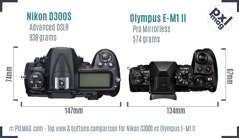 Nikon D300S vs Olympus E-M1 II top view buttons comparison