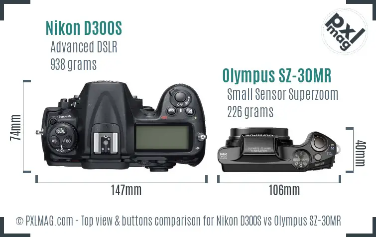Nikon D300S vs Olympus SZ-30MR top view buttons comparison