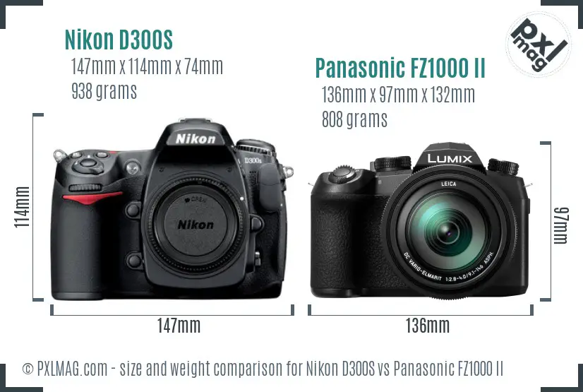 Nikon D300S vs Panasonic FZ1000 II size comparison