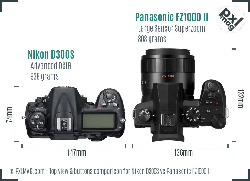 Nikon D300S vs Panasonic FZ1000 II top view buttons comparison