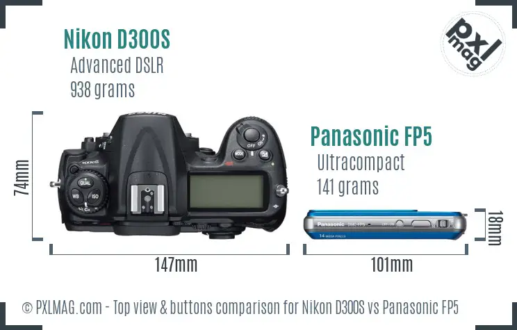 Nikon D300S vs Panasonic FP5 top view buttons comparison