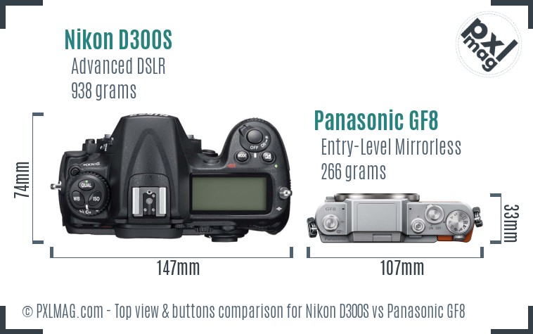 Nikon D300S vs Panasonic GF8 top view buttons comparison