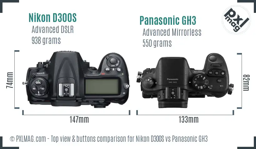 Nikon D300S vs Panasonic GH3 top view buttons comparison