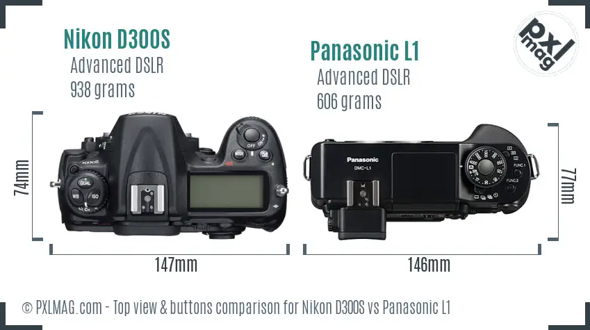 Nikon D300S vs Panasonic L1 top view buttons comparison