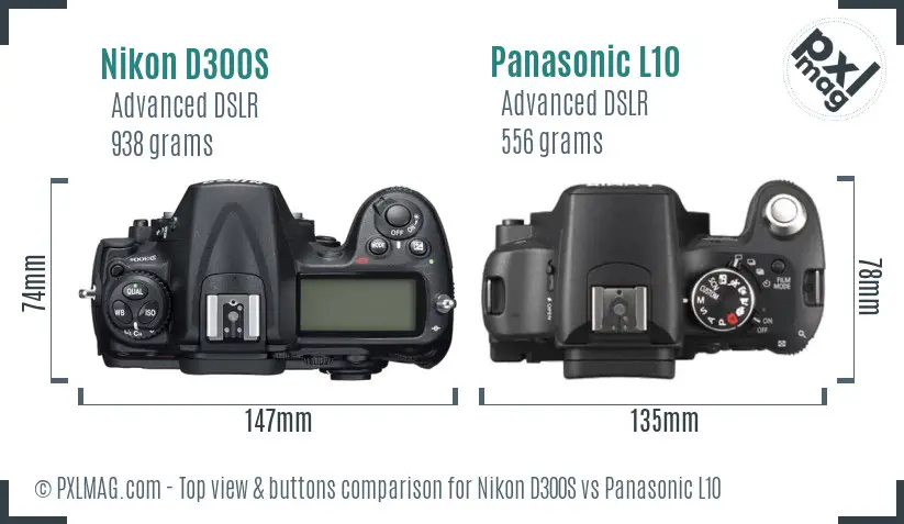 Nikon D300S vs Panasonic L10 top view buttons comparison