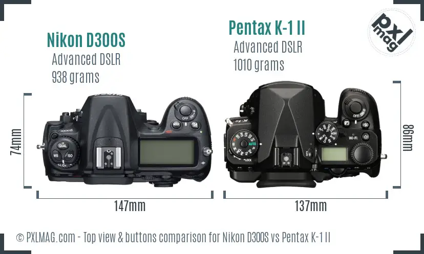 Nikon D300S vs Pentax K-1 II top view buttons comparison