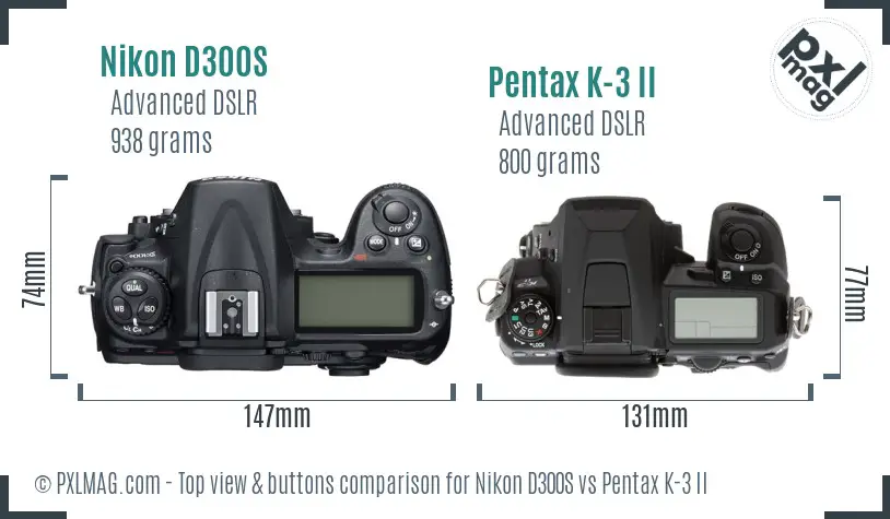 Nikon D300S vs Pentax K-3 II top view buttons comparison