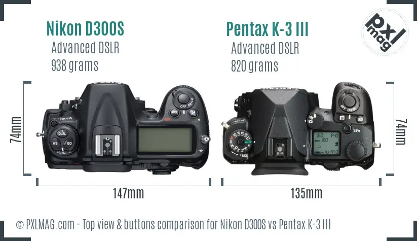 Nikon D300S vs Pentax K-3 III top view buttons comparison