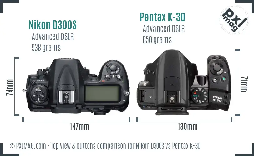 Nikon D300S vs Pentax K-30 top view buttons comparison