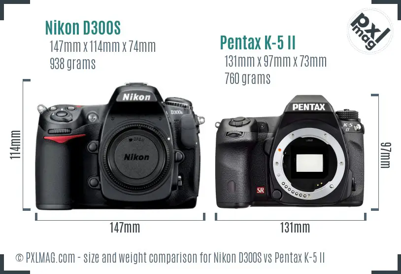 Nikon D300S vs Pentax K-5 II size comparison