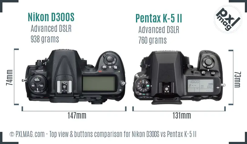 Nikon D300S vs Pentax K-5 II top view buttons comparison