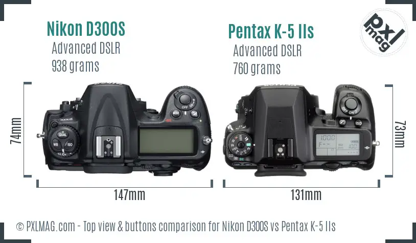 Nikon D300S vs Pentax K-5 IIs top view buttons comparison