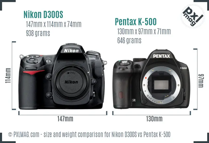 Nikon D300S vs Pentax K-500 size comparison
