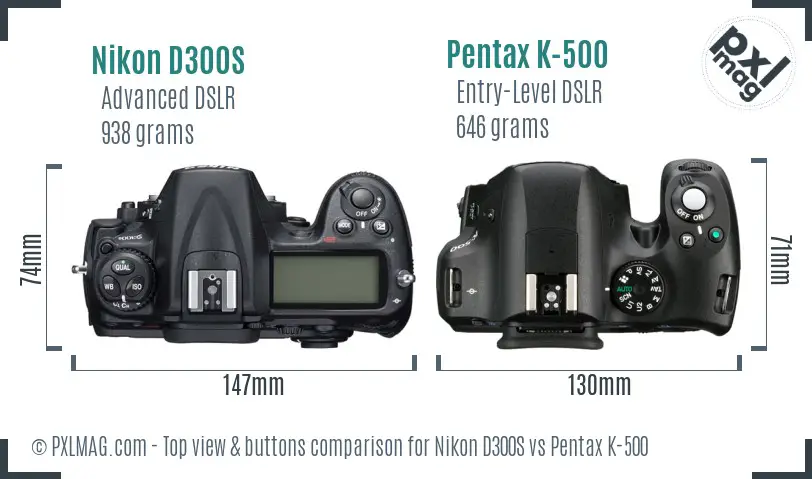 Nikon D300S vs Pentax K-500 top view buttons comparison