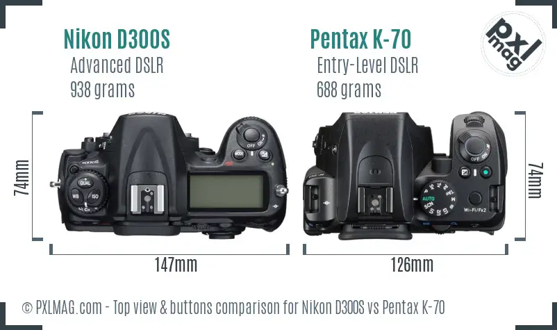Nikon D300S vs Pentax K-70 top view buttons comparison