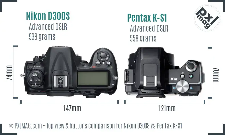 Nikon D300S vs Pentax K-S1 top view buttons comparison