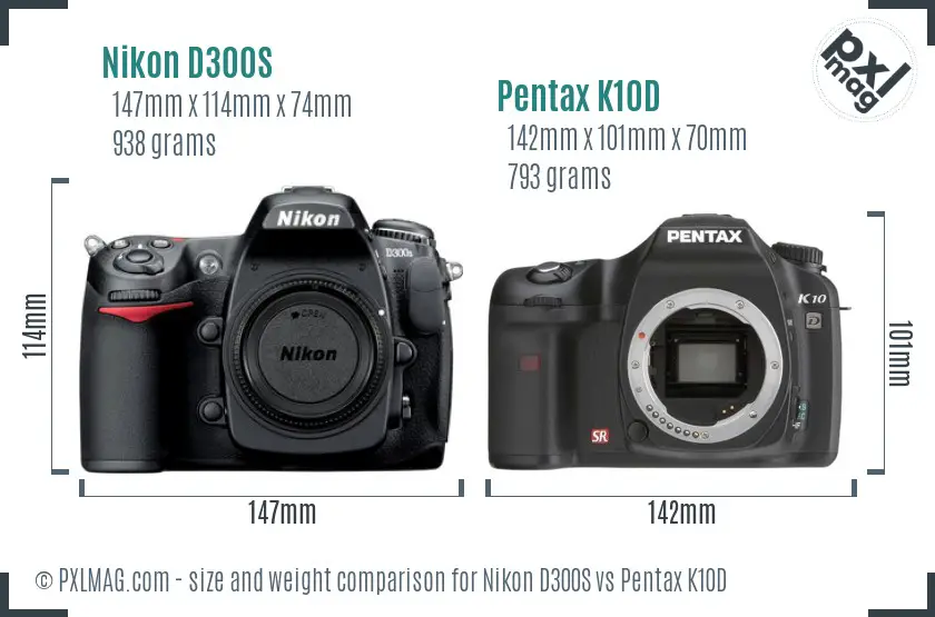 Nikon D300S vs Pentax K10D size comparison
