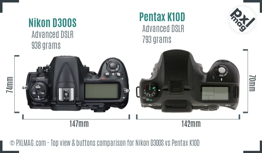 Nikon D300S vs Pentax K10D top view buttons comparison