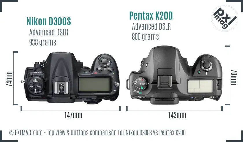 Nikon D300S vs Pentax K20D top view buttons comparison