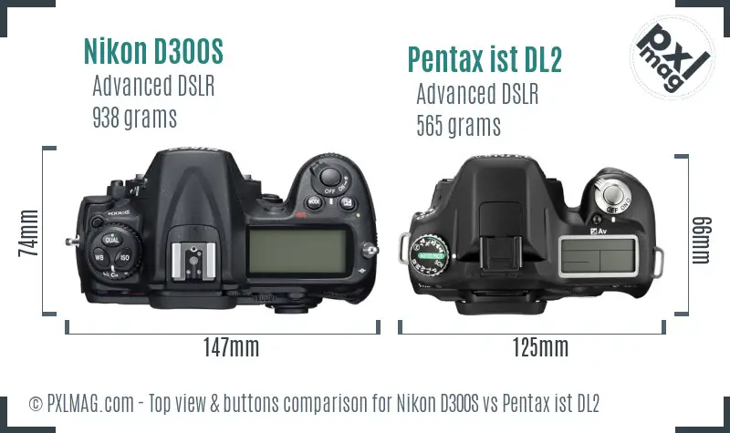 Nikon D300S vs Pentax ist DL2 top view buttons comparison