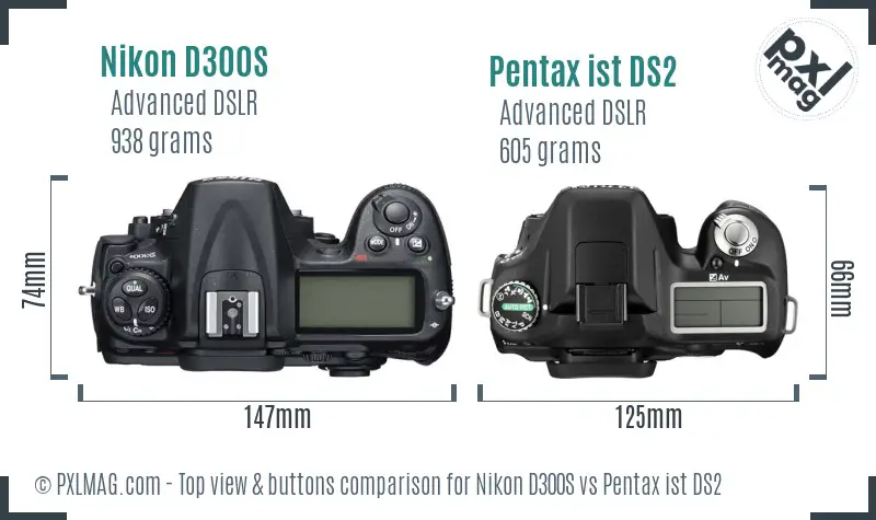 Nikon D300S vs Pentax ist DS2 top view buttons comparison
