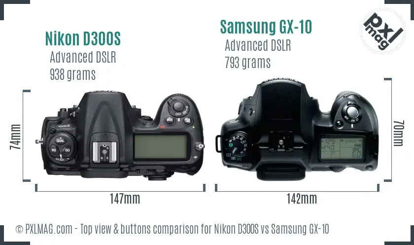 Nikon D300S vs Samsung GX-10 top view buttons comparison
