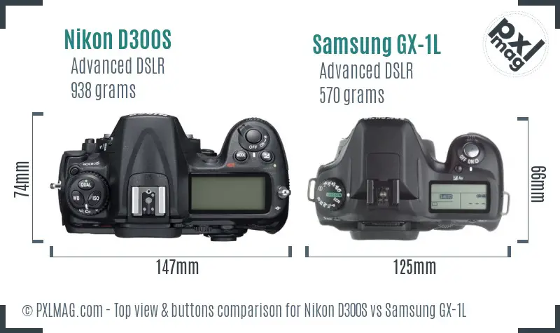 Nikon D300S vs Samsung GX-1L top view buttons comparison